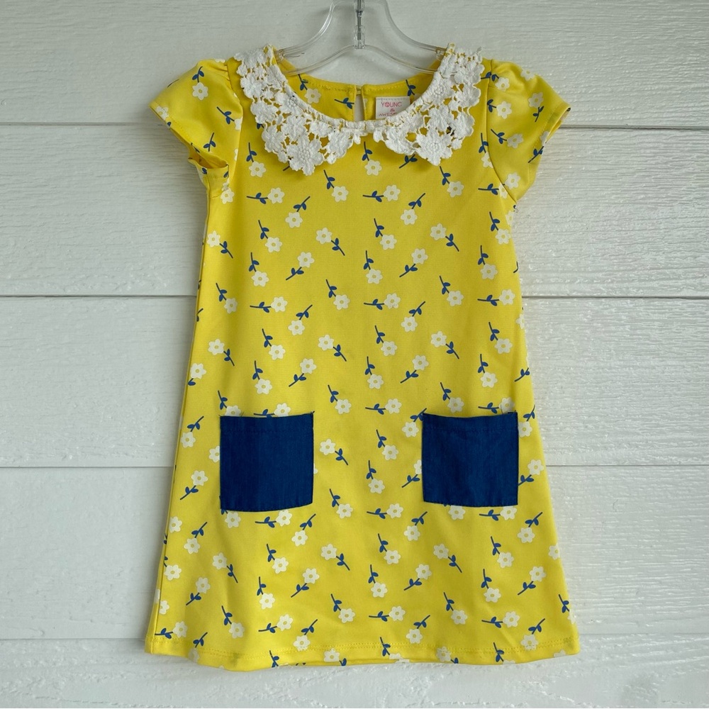 Young & Awesome 3T Floral A-Line Dress Lace Collar, Yellow, Blue, White Pockets